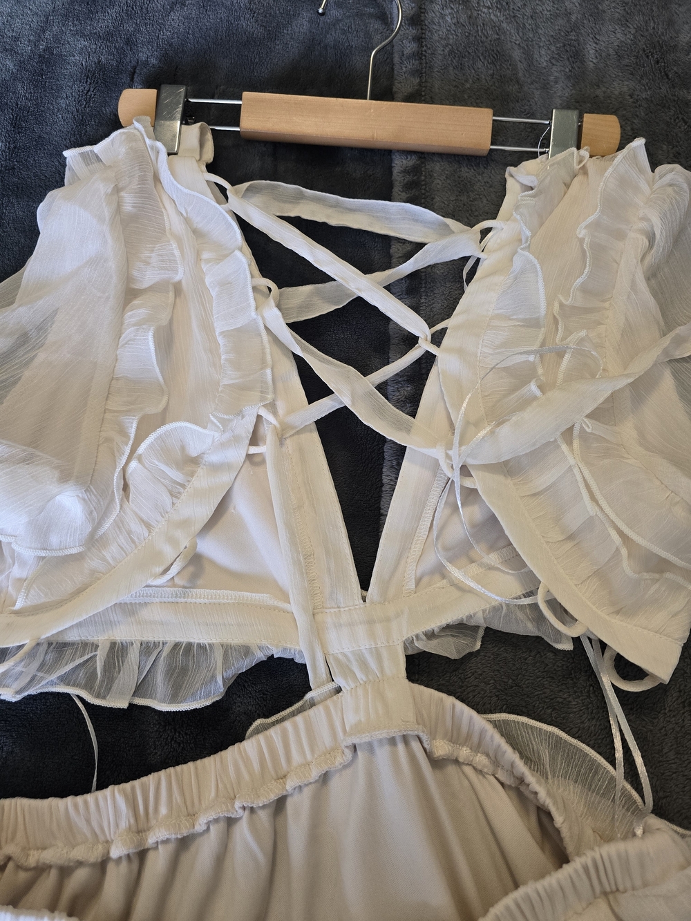 Romantic Cream Ruffle Maxi Dress with Lace-Up Back - Picture 3 of 5